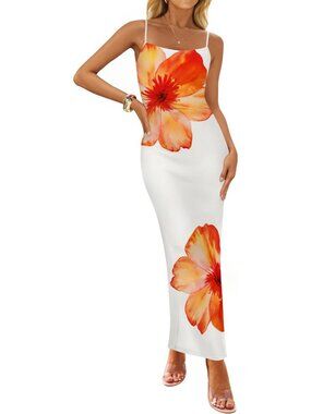Women’s Orange Floral Bodycon Maxi Square Neck Boho Beach Summer Long Dress